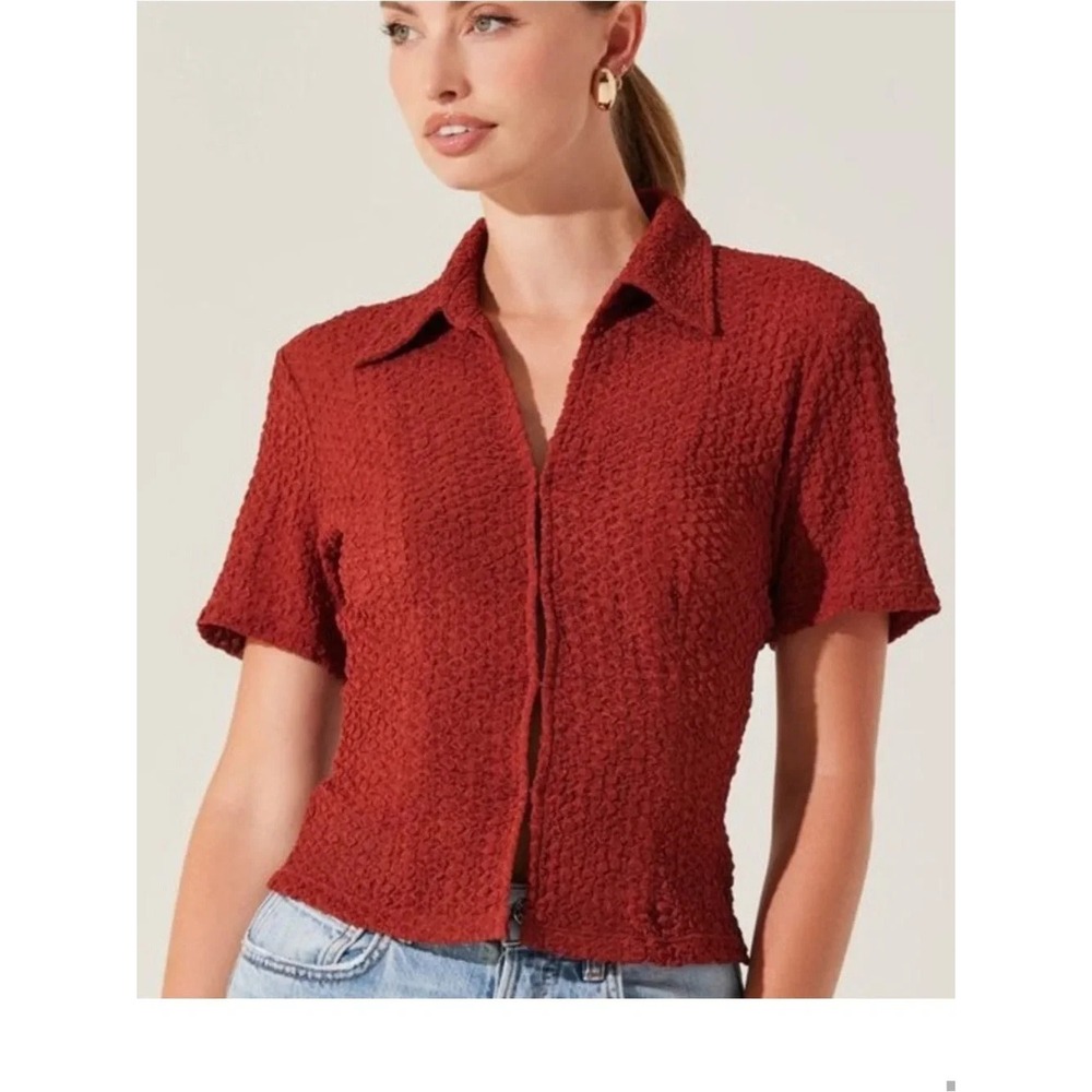 ASTR the Label Rust Puckered Short Sleeve Collar Textured Top Size Large